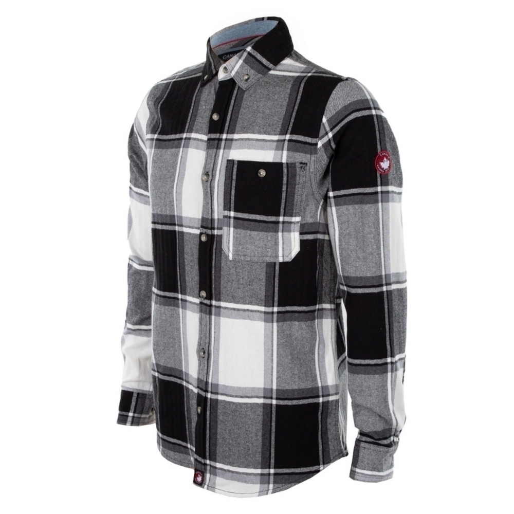 Canada Weather Gear Mens Flannel Button-Down Chambray Lined Collar Cream/Black S
